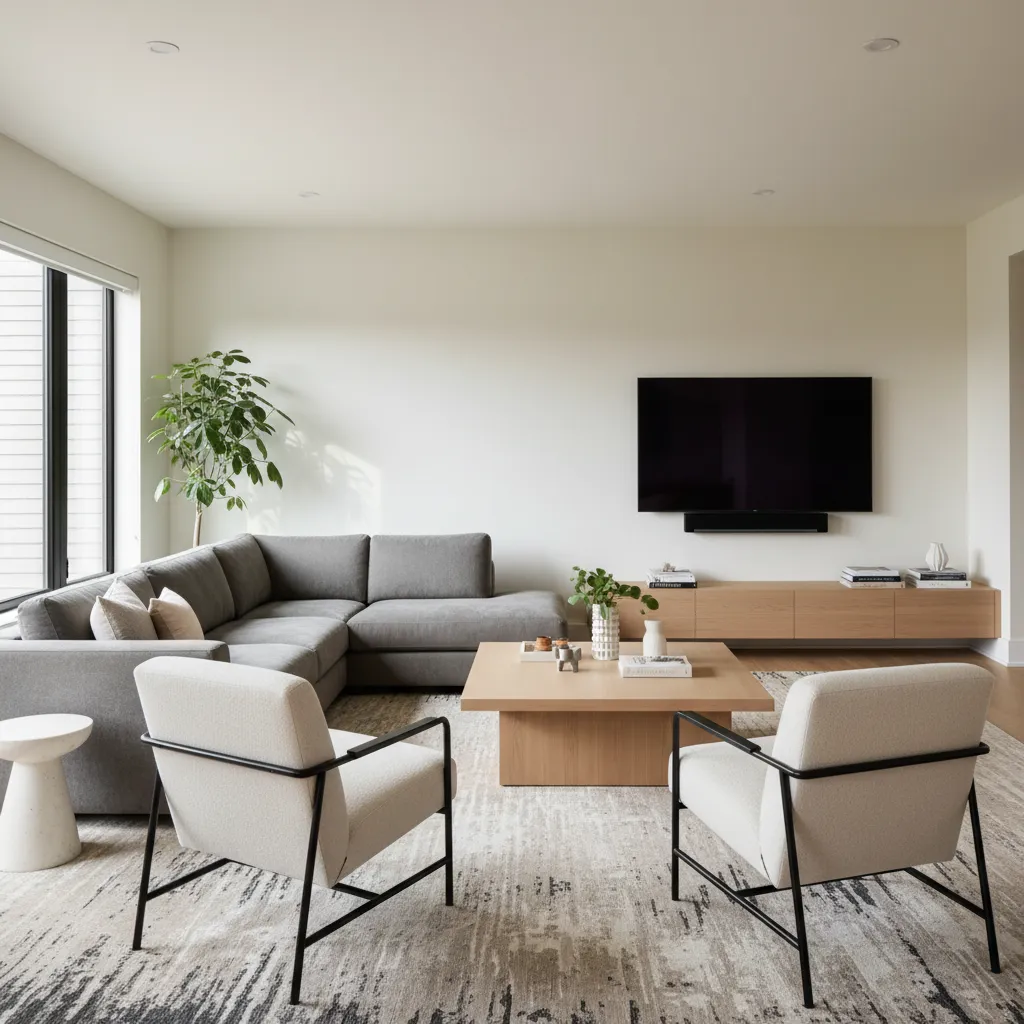 Distribución de muebles en una sala de estar con sofá, sillones y mesa de centro bien proporcionados