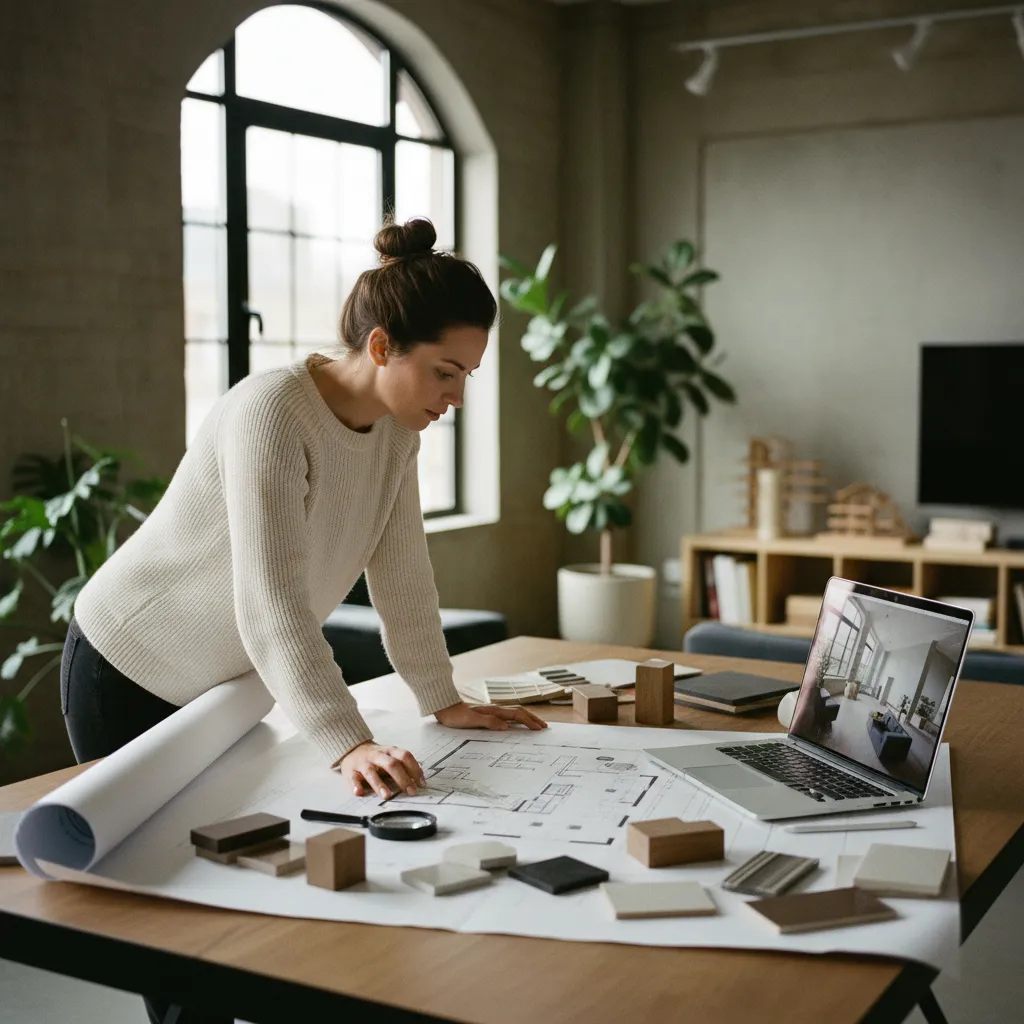 Diseñador revisando la distribución de un salón en un plano