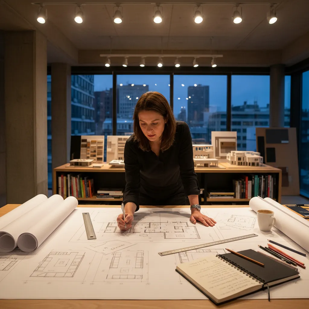 Female designer drawing on a floor plan at night in a modern interior design studio