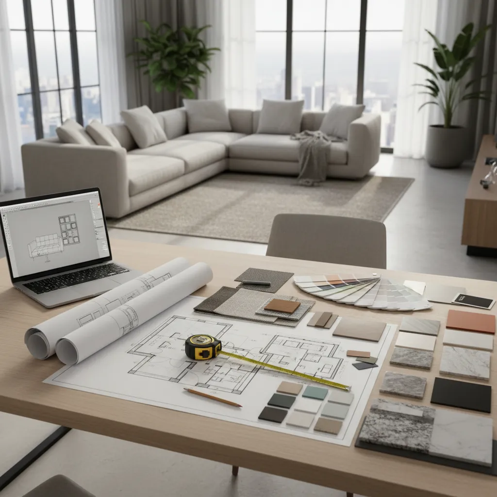Interior design drawing on desk with laptop measuring tape color samples and grey sofa background