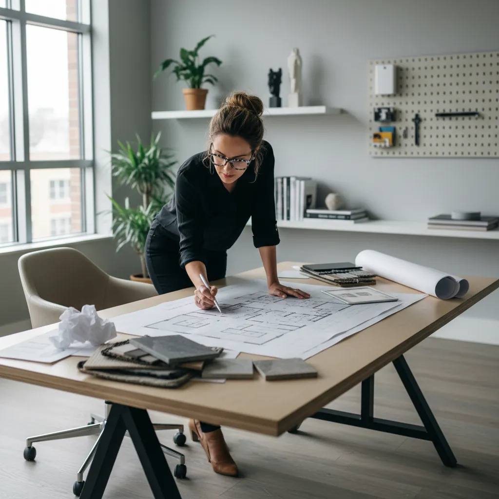 Designer sketching on large floor plan paper with material samples on a bright wooden desk