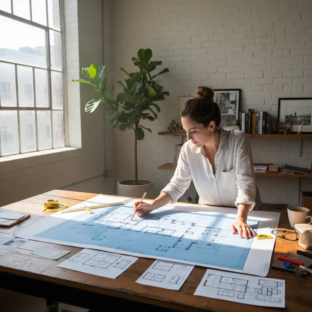 Diseñador analizando distribución de un apartamento con planos