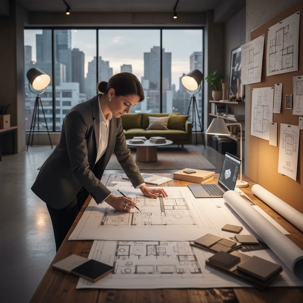 Diseñador analizando la distribución de una vivienda en un plano