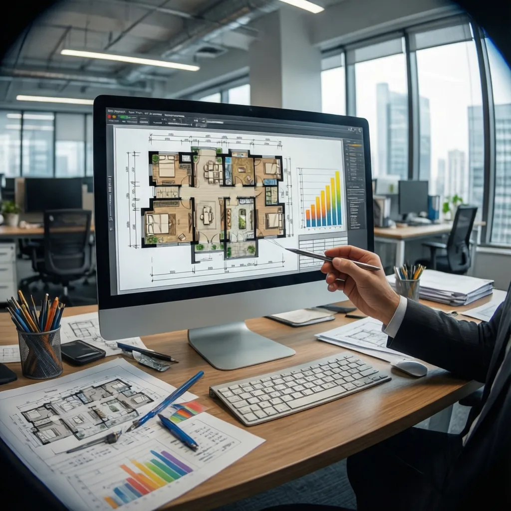 Arquitecto analizando eficiencia energética y climatización en un edificio