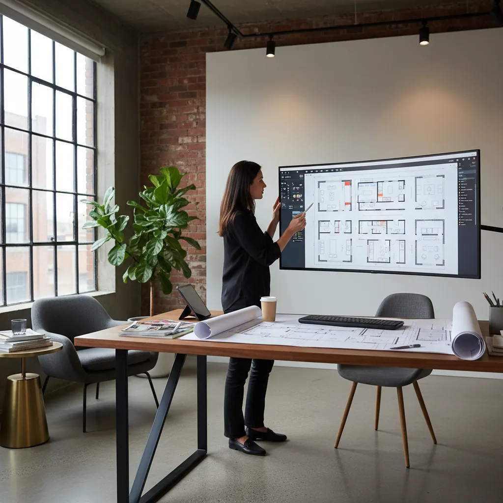 Diseñador analizando el uso de un espacio interior en planos digitales