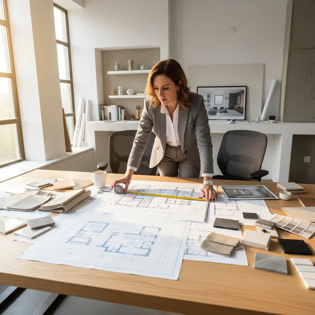 Interior designer in grey suit measuring paper room layout with yellow tape on wooden office desk