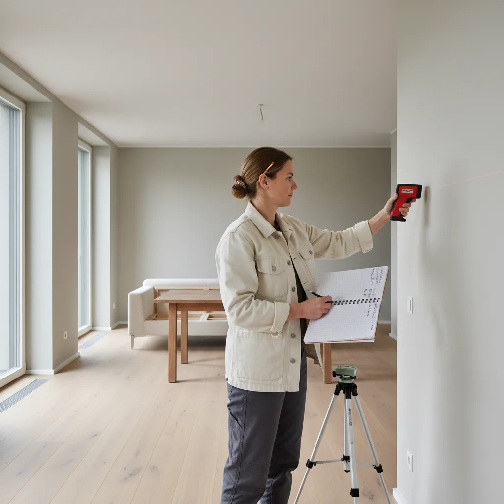 Woman using laser measuring tool in empty room with wooden floor holding notebook and pencil
