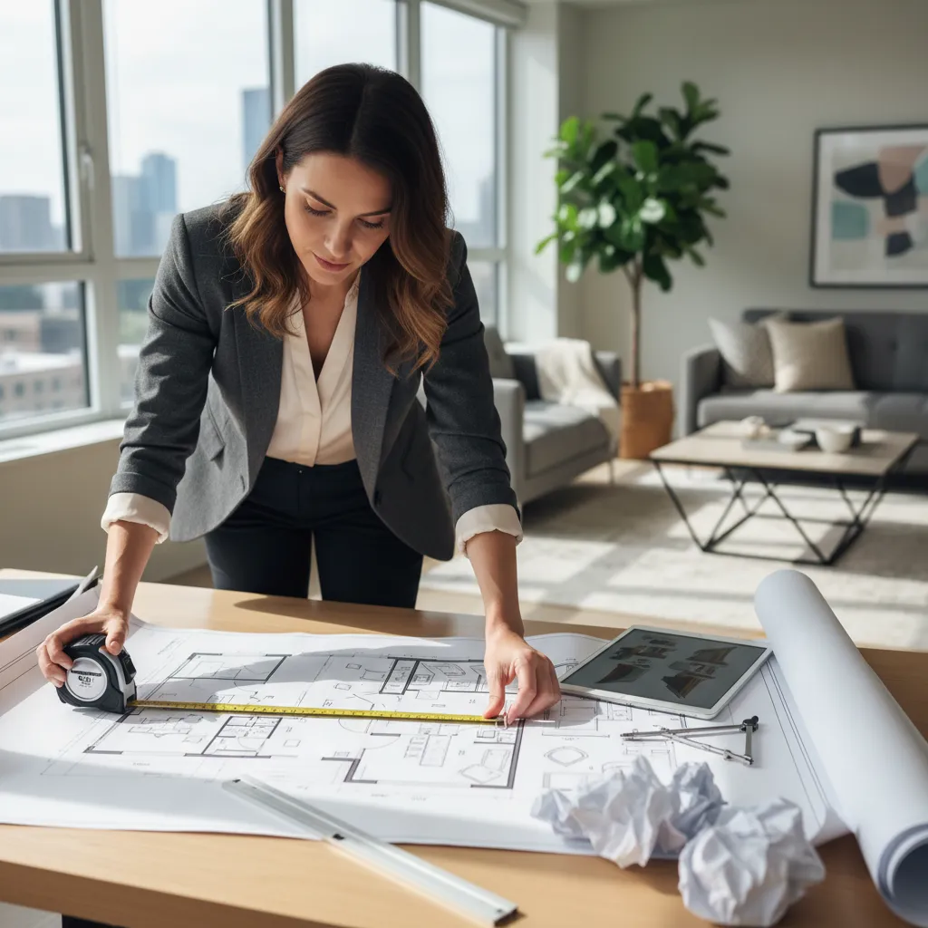 Woman in a blazer measuring an interior design drawing on a desk with tape measure