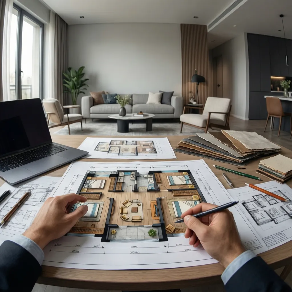 Designer hands drawing on interior design drawing with laptop and fabric samples on wooden desk