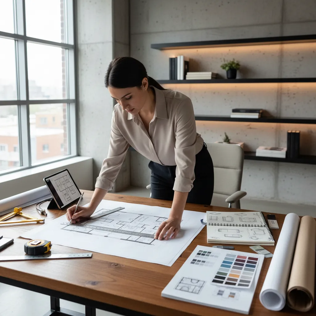 Interior designer working on floor plan layout with ruler color samples and tablet on desk