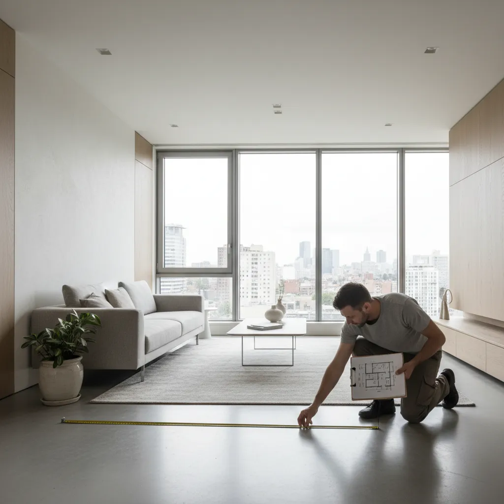 Man measuring room with tape measure holding floor plan in modern living room with sofa