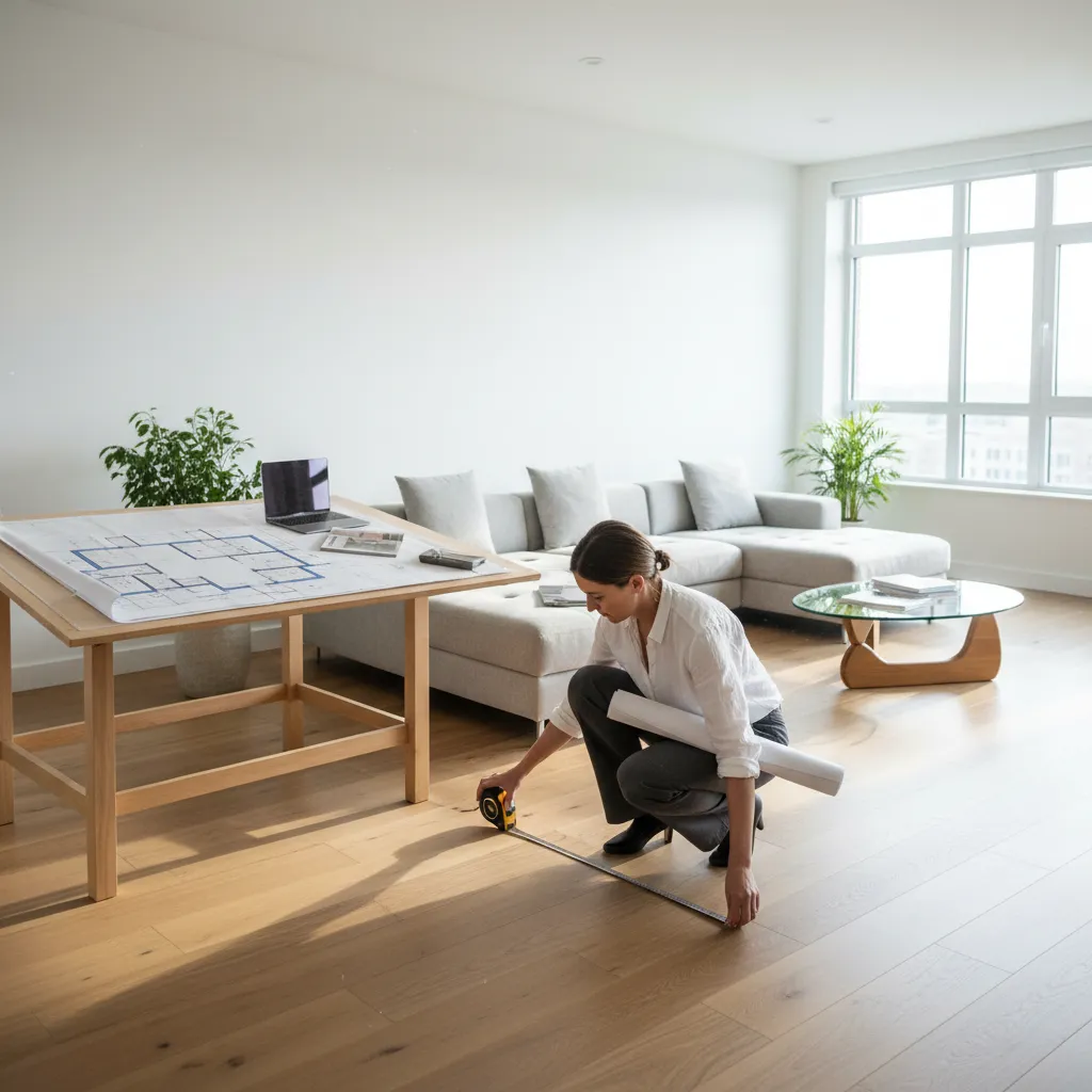 Woman measures wooden floor with tape measure near table with interior design drawing and sofa