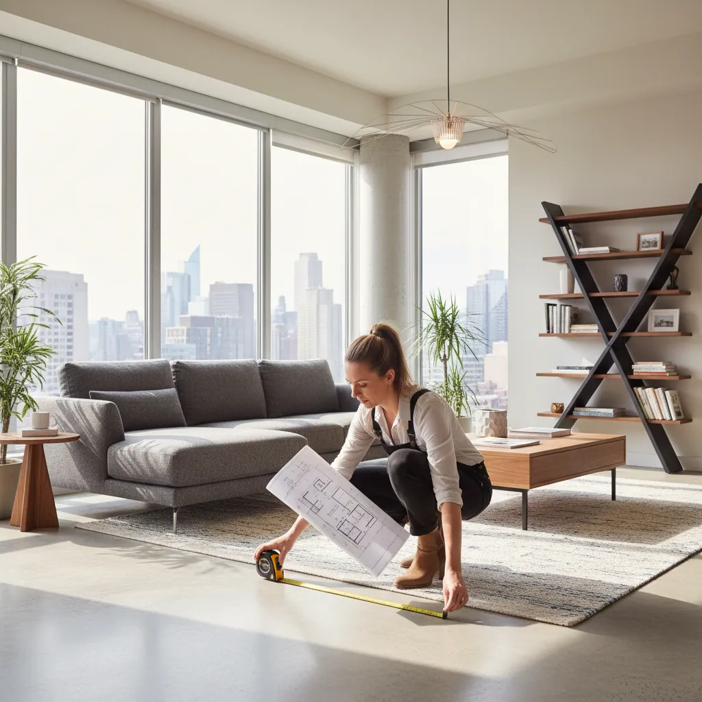 Diseñador analizando un espacio interior con planos y medidas