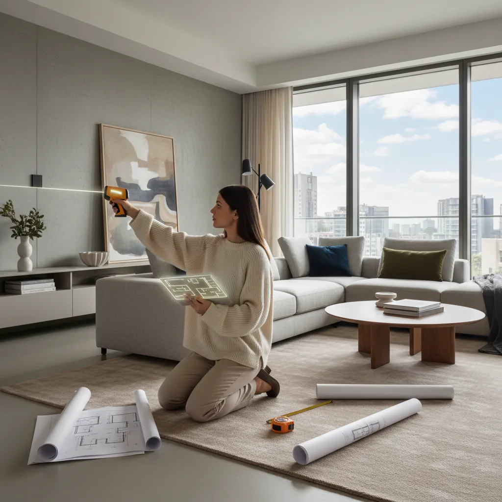 Woman using laser tool and tablet to measure a living room with a grey sofa