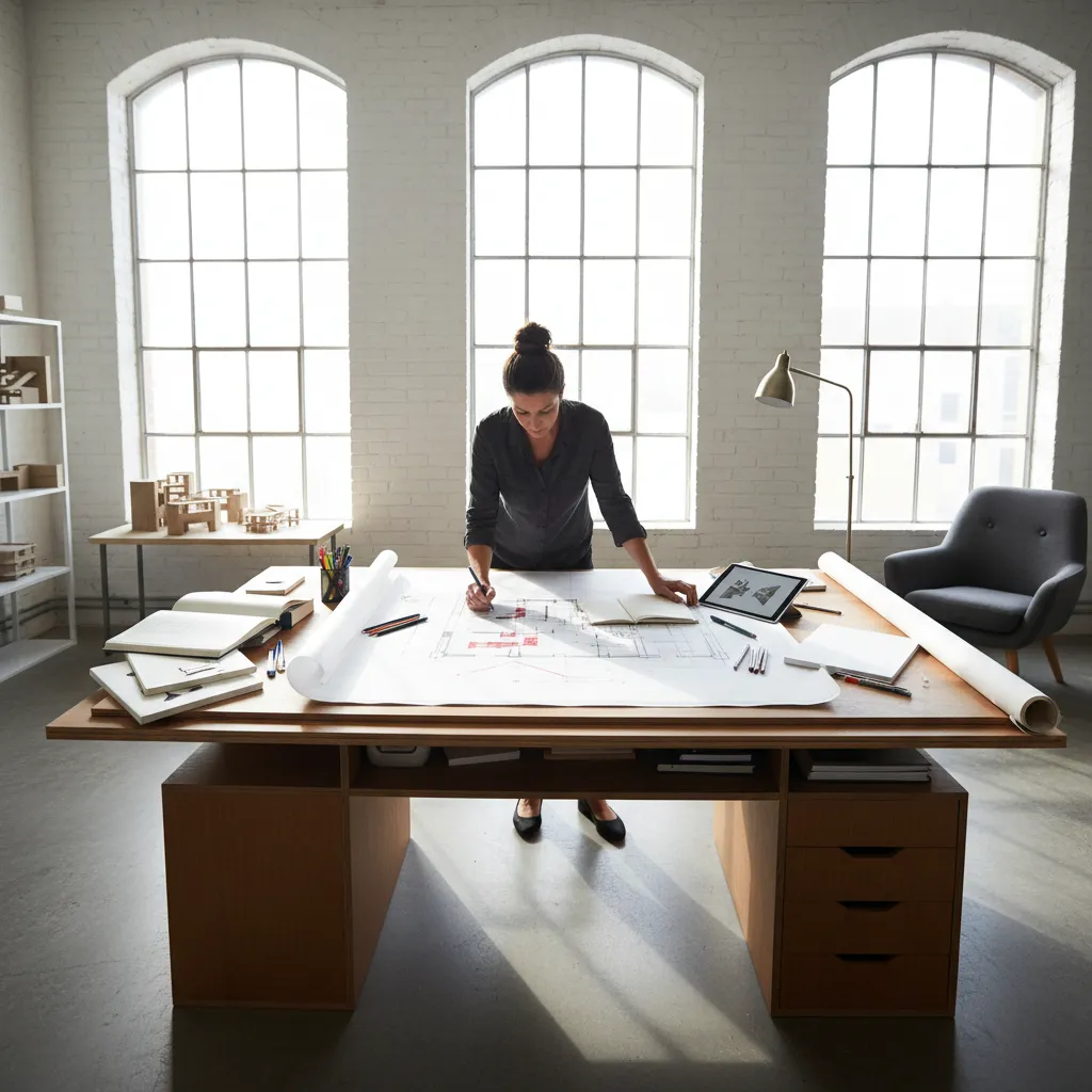 Diseñador analizando un plano de distribución interior en mesa de trabajo