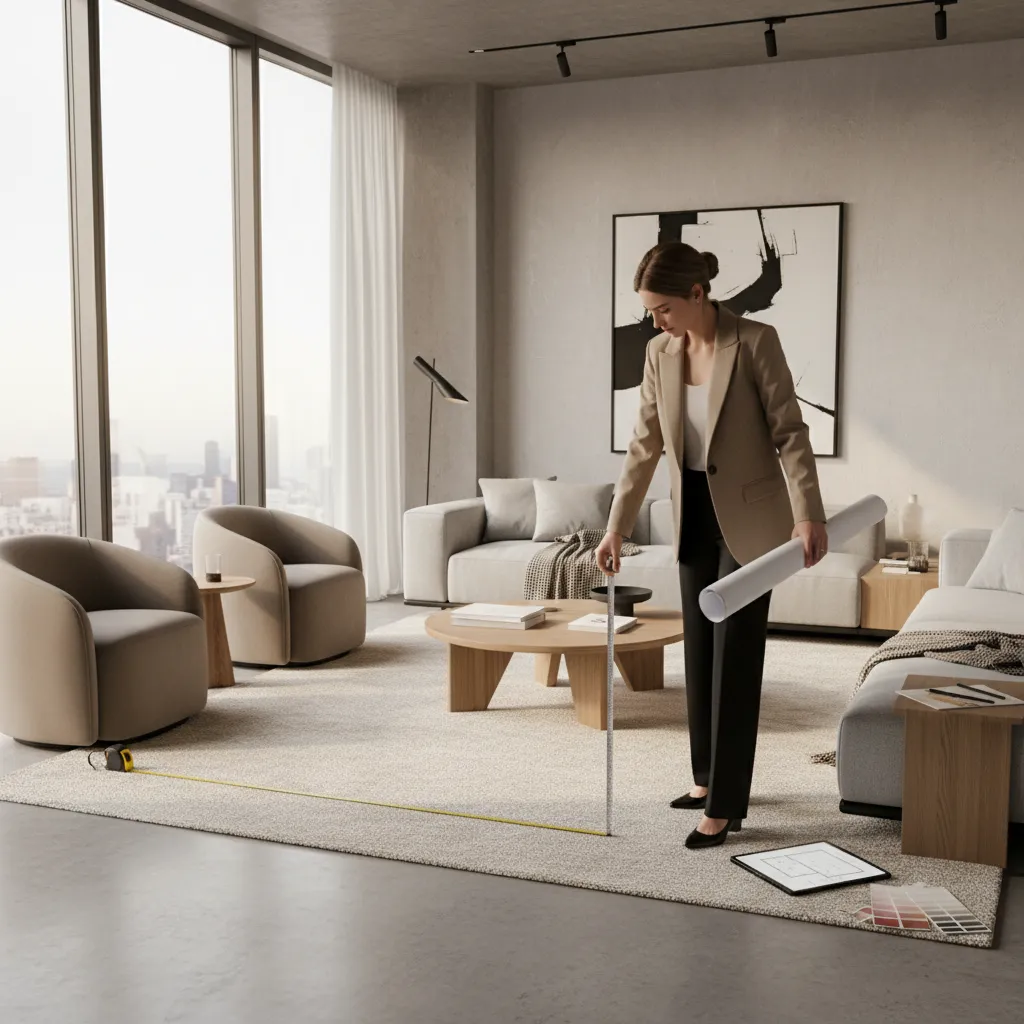 Diseñador midiendo un salón con planos y herramientas de medición