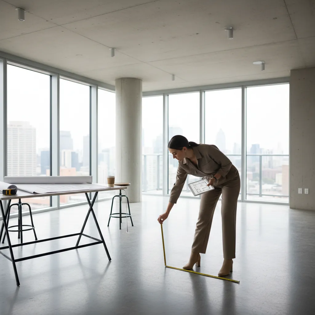 Woman measuring empty room floor with tape measure while holding tablet showing professional floor plan