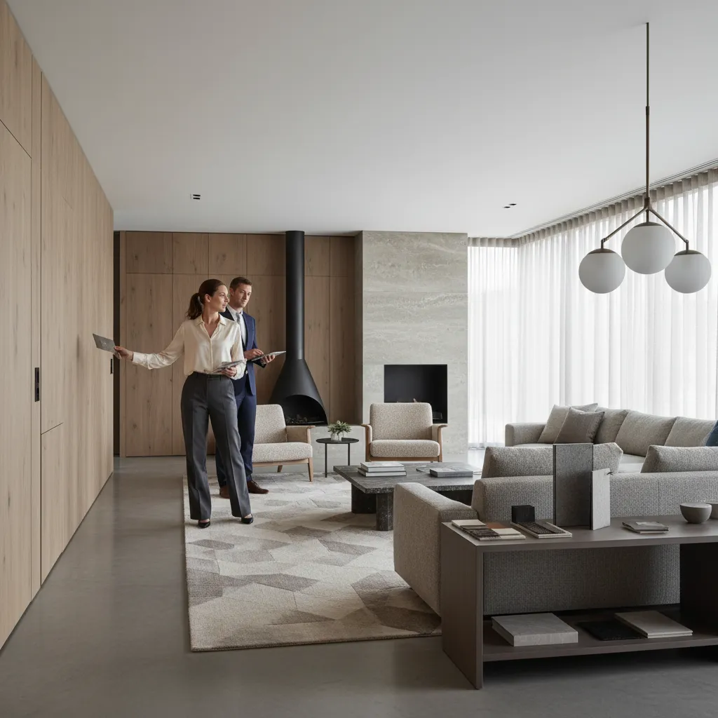 Diseñador evaluando iluminación y materiales en un salón moderno