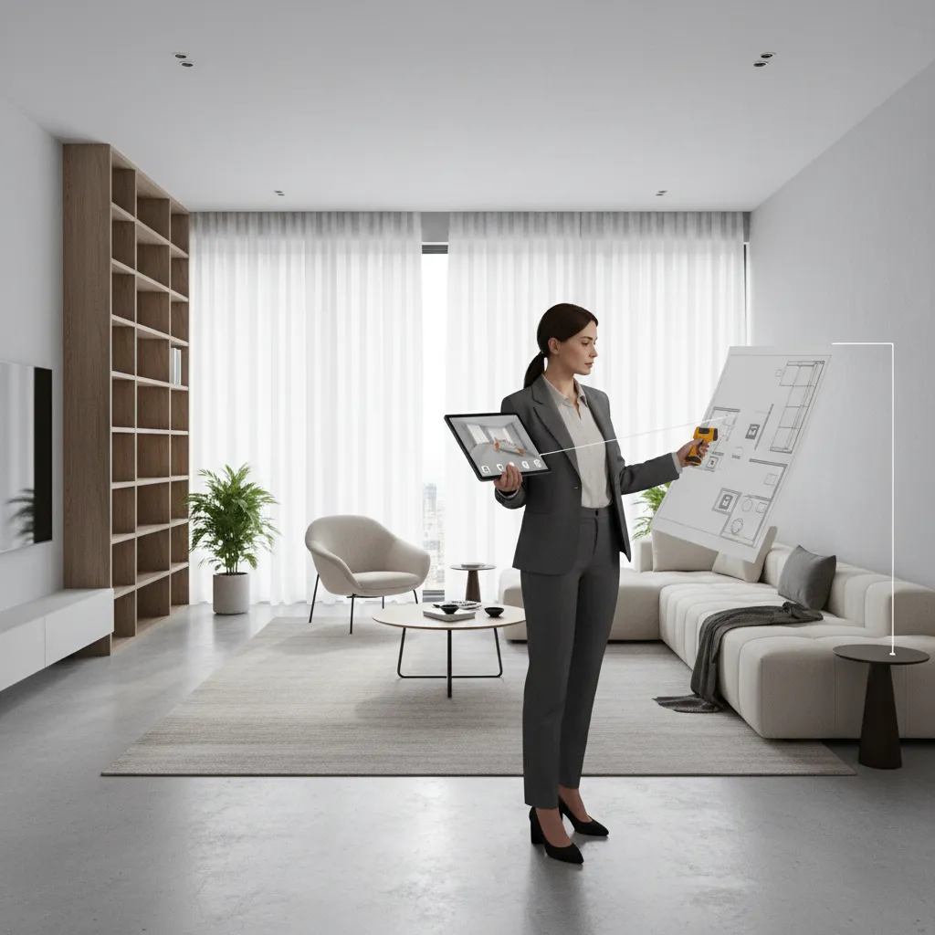 Diseñador analizando la distribución de un salón con plano y tablet
