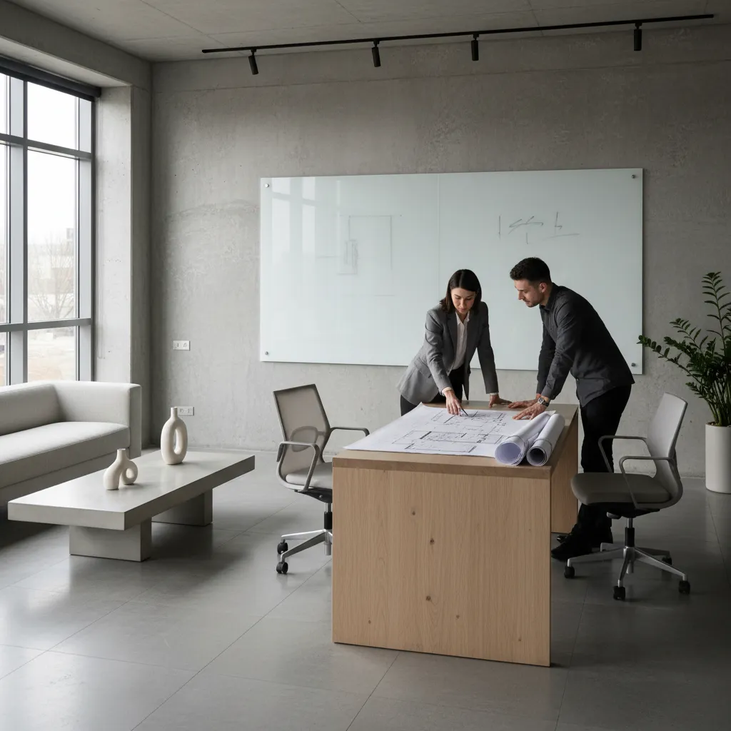 Man and woman studying a printed room layout plan on a wooden desk in office