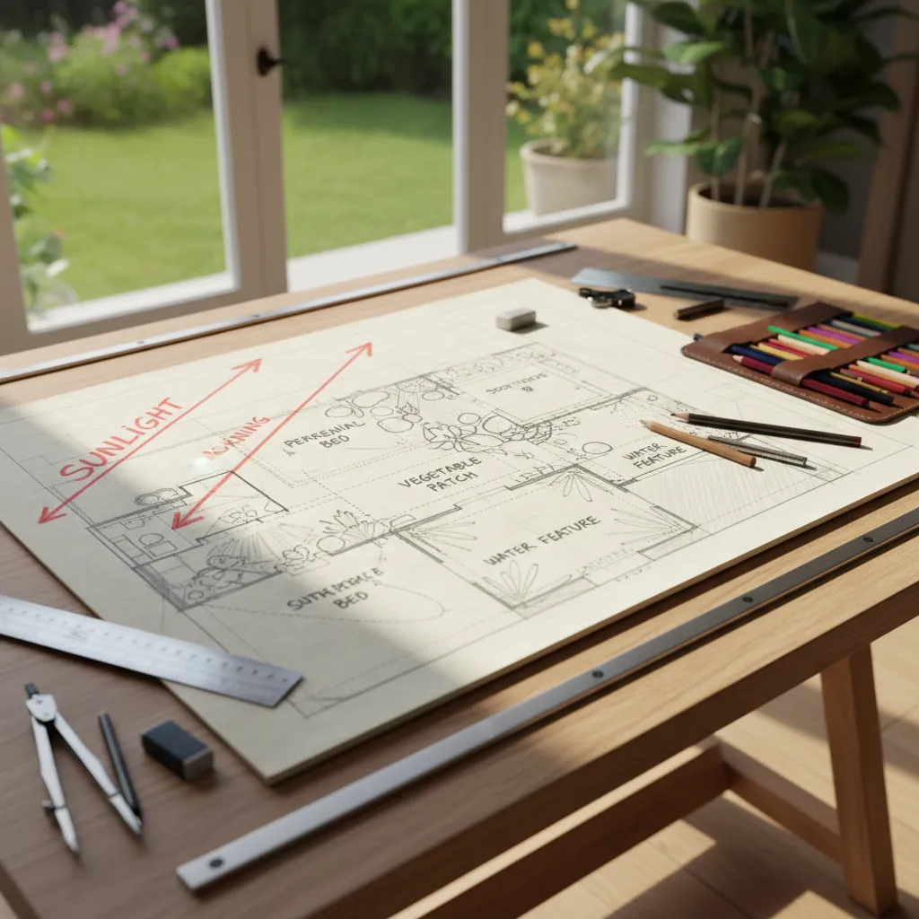 Plano conceptual de jardín con zonas marcadas y orientación solar