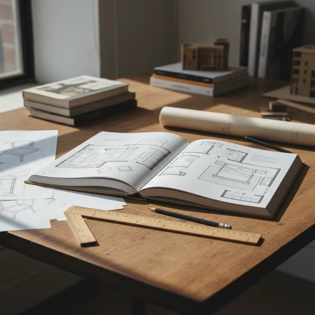 Libro abierto con diagramas de distribución de muebles y proporciones