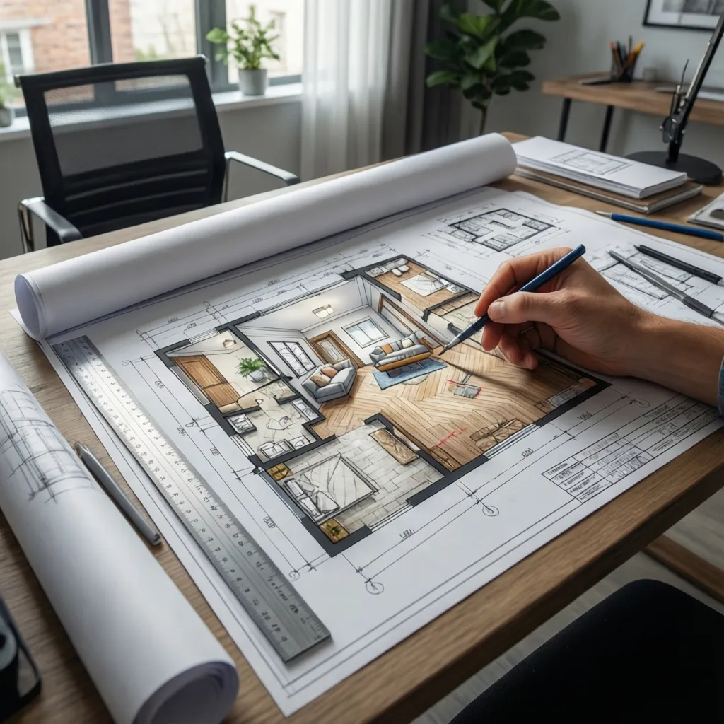 Plano arquitectónico con anotaciones de análisis espacial