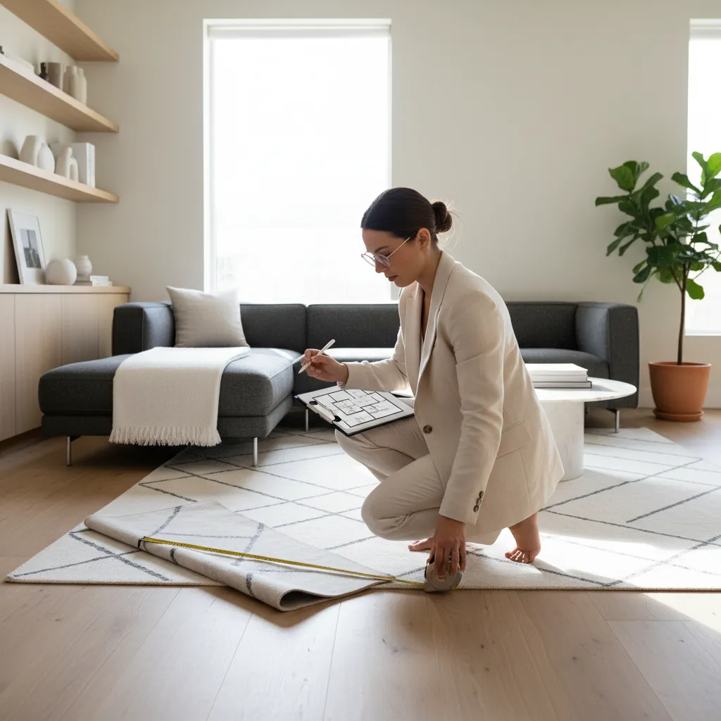 Diseñador analizando la distribución de un salón con plano y cinta métrica
