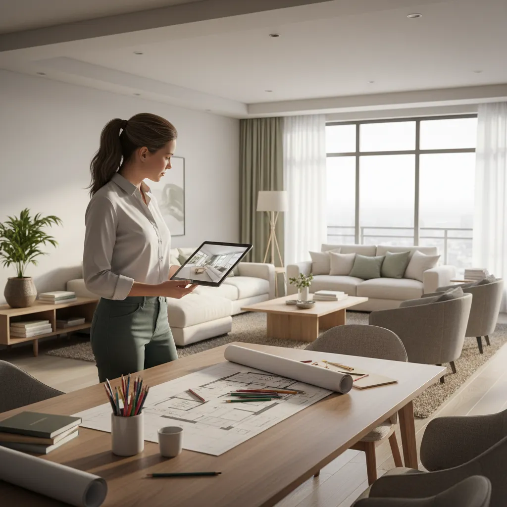 Diseñador analizando la distribución de un salón moderno con planos y tablet