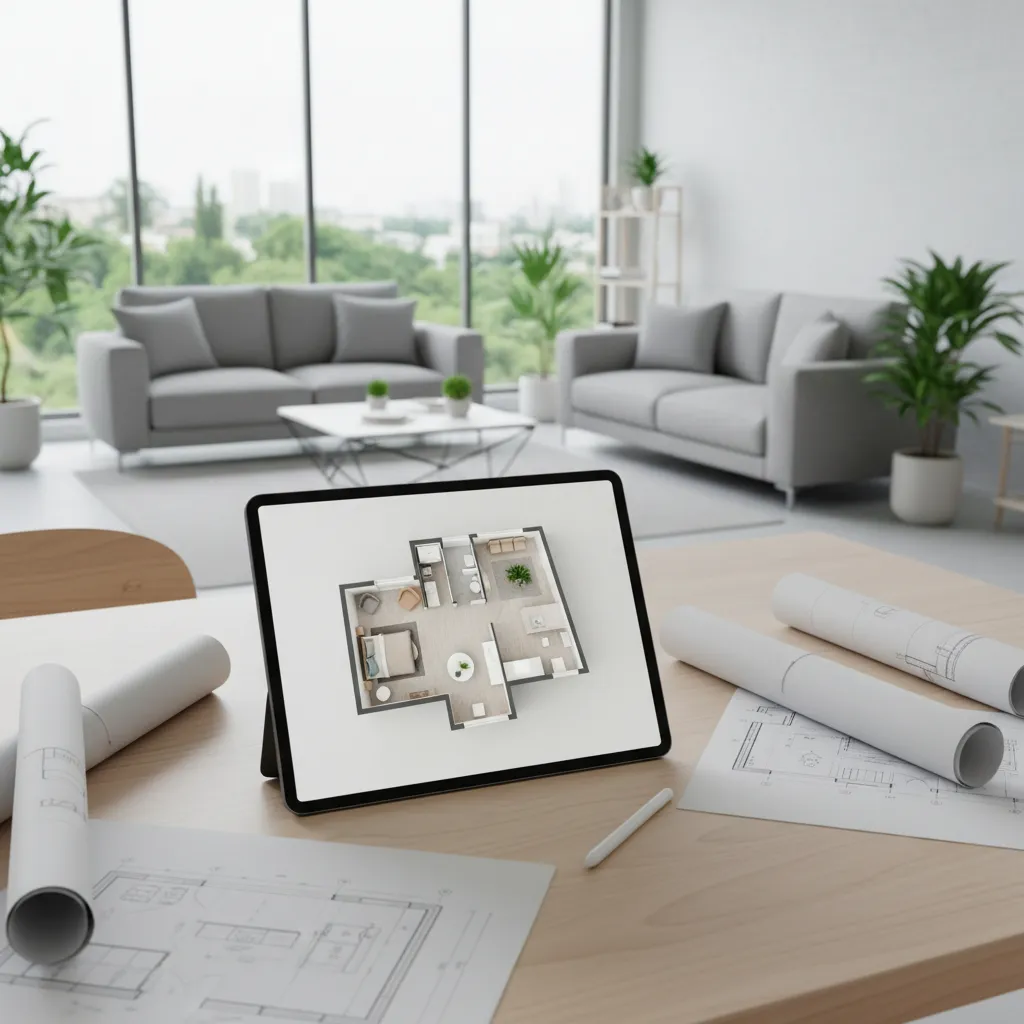 Plano y tablet mostrando diseño interior en un salón moderno