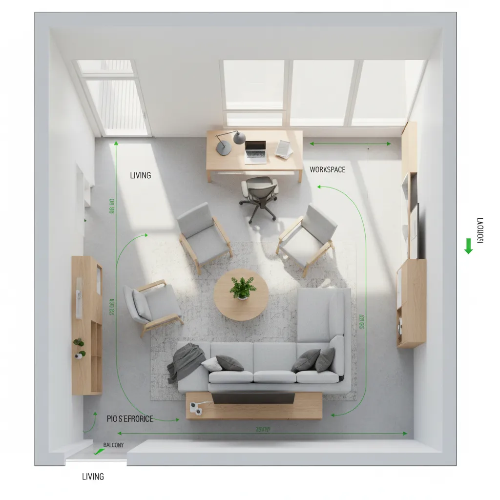 Top down room layout showing living area with sofa and workspace plus desk and measurements