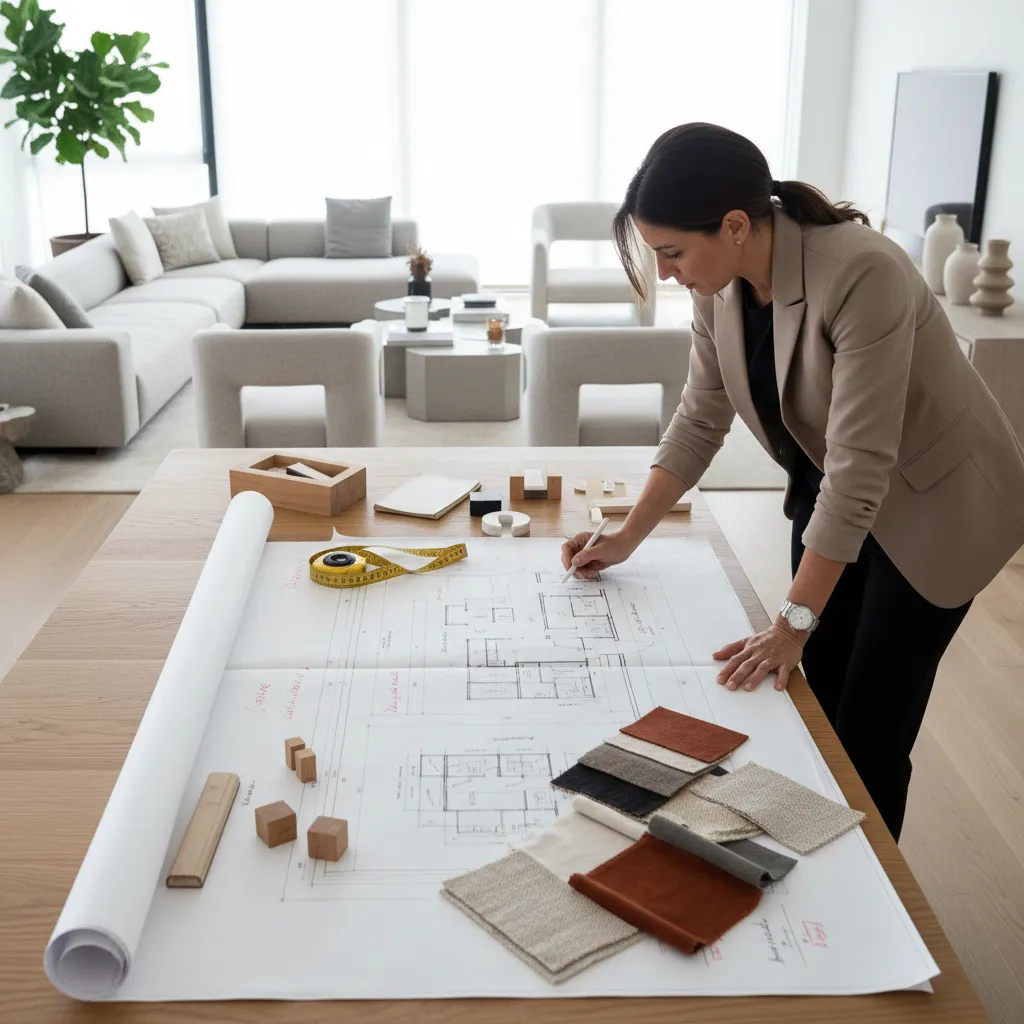 Diseñador analizando la distribución de un salón moderno con planos