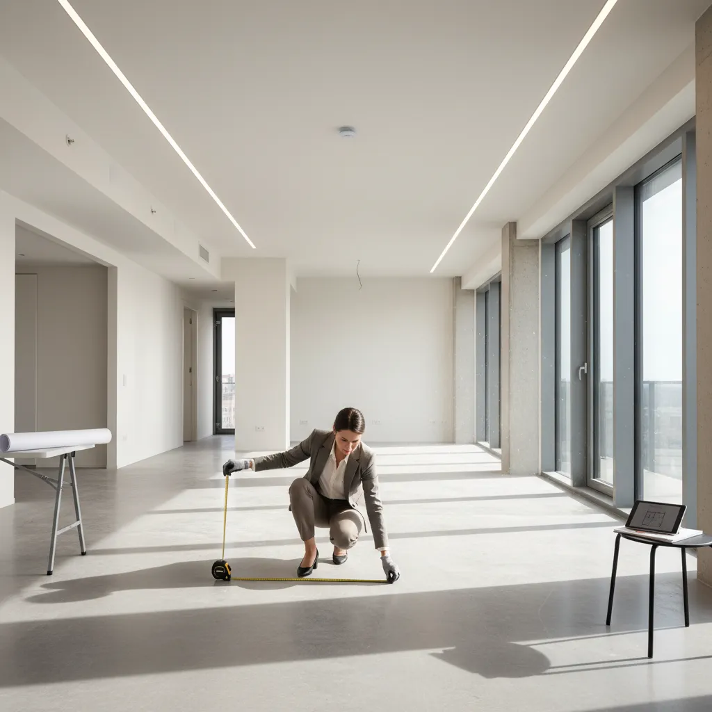 Professional woman using a yellow tape measure to check floor dimensions in a large empty room