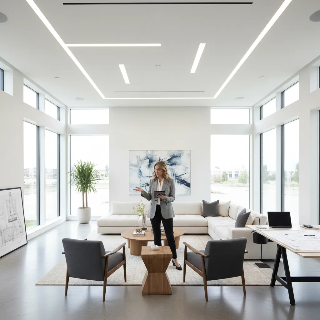 Diseñador observando un espacio interior moderno