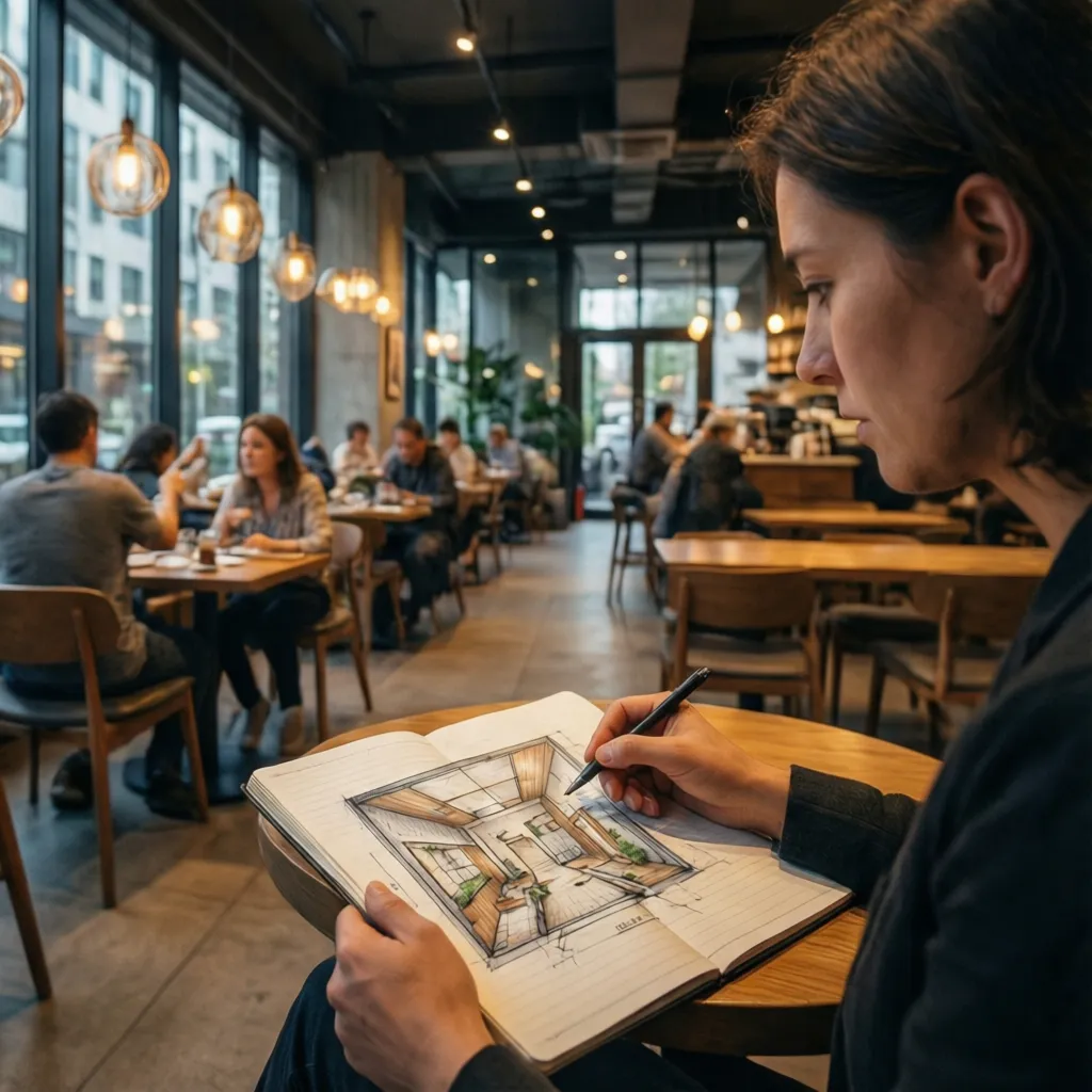 Diseñador observando la distribución interior de una cafetería moderna