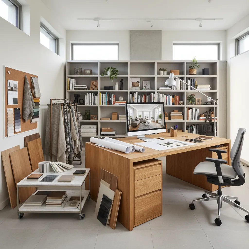 Professional interior design office with a wooden desk fabric samples and books on tall shelves