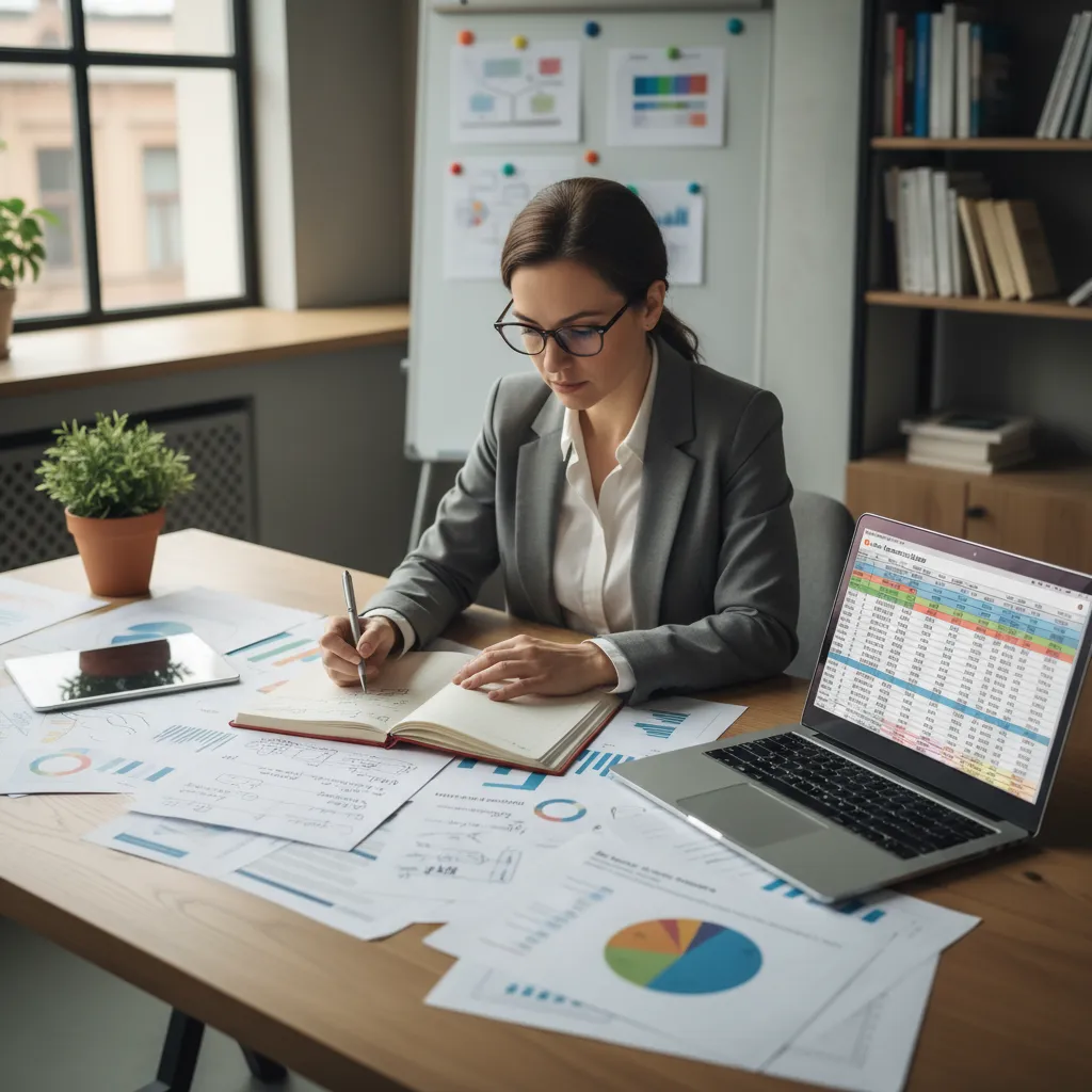 Profesional analizando un estudio de caso con diagramas y notas