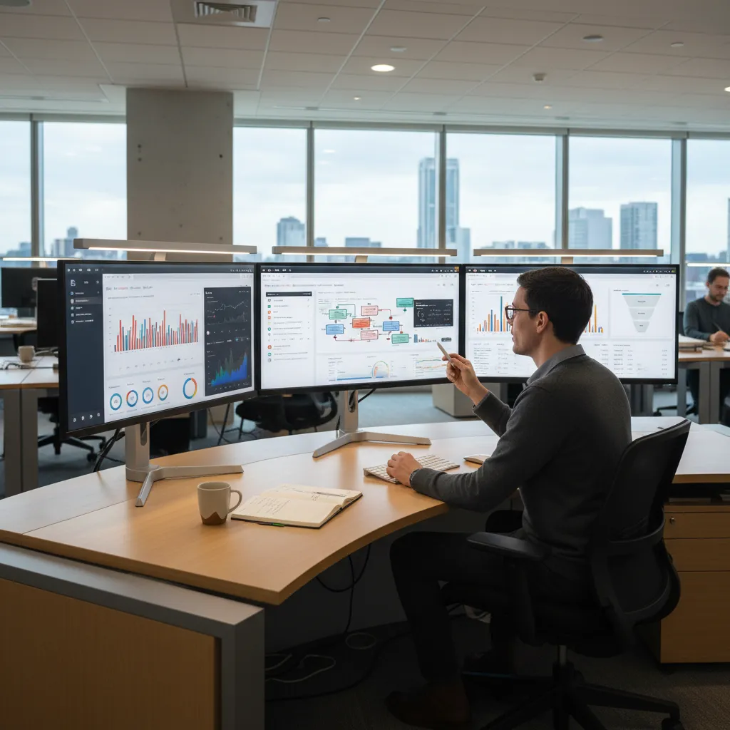 Man at office desk using three computer monitors showing charts and data for room layout