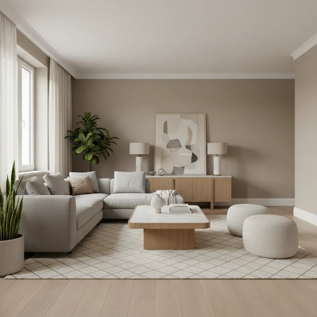 Modern living room with grey sofa, wooden coffee table, rug, footrests, and large green plant