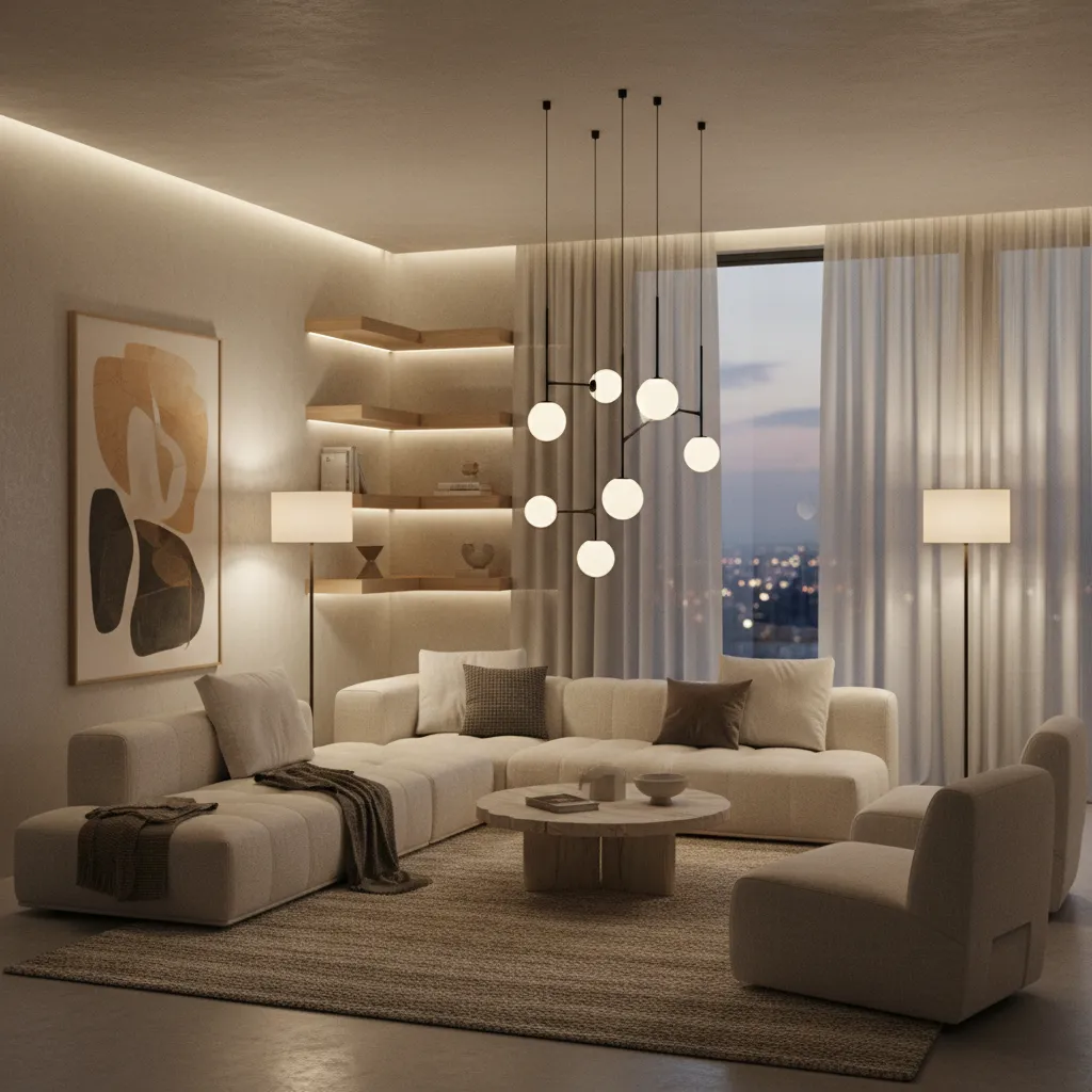 Salón moderno mostrando diferentes tipos de iluminación interior