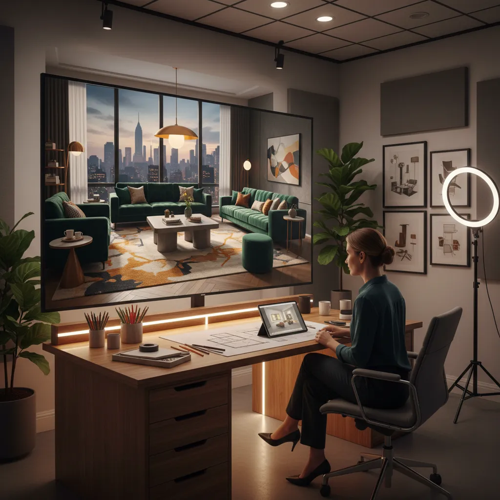 Diseñador analizando escena de película con interiores elegantes