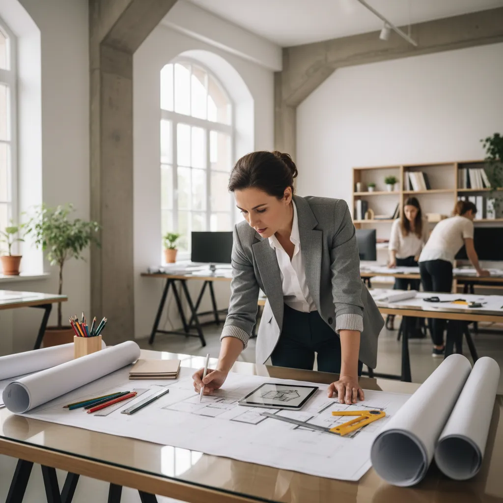 Plano de distribución de oficina sobre mesa de trabajo
