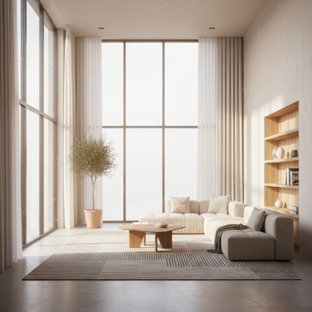 Bright living room with high windows natural light beige sofa wooden coffee table and shelf
