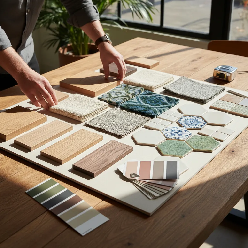 Muestras de madera, tela y cerámica utilizadas en un proyecto de interiorismo