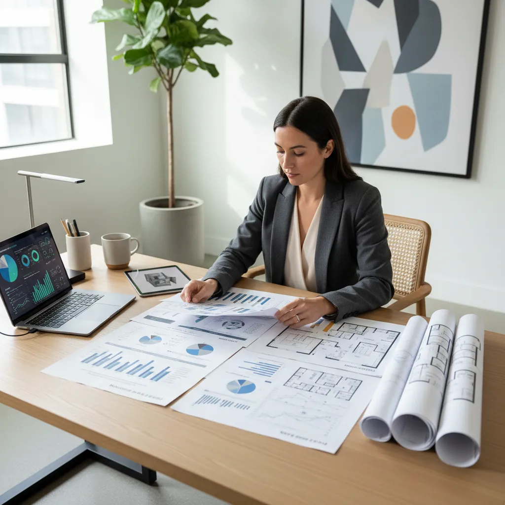 Diseñador revisando estadísticas de vivienda y planos en un estudio