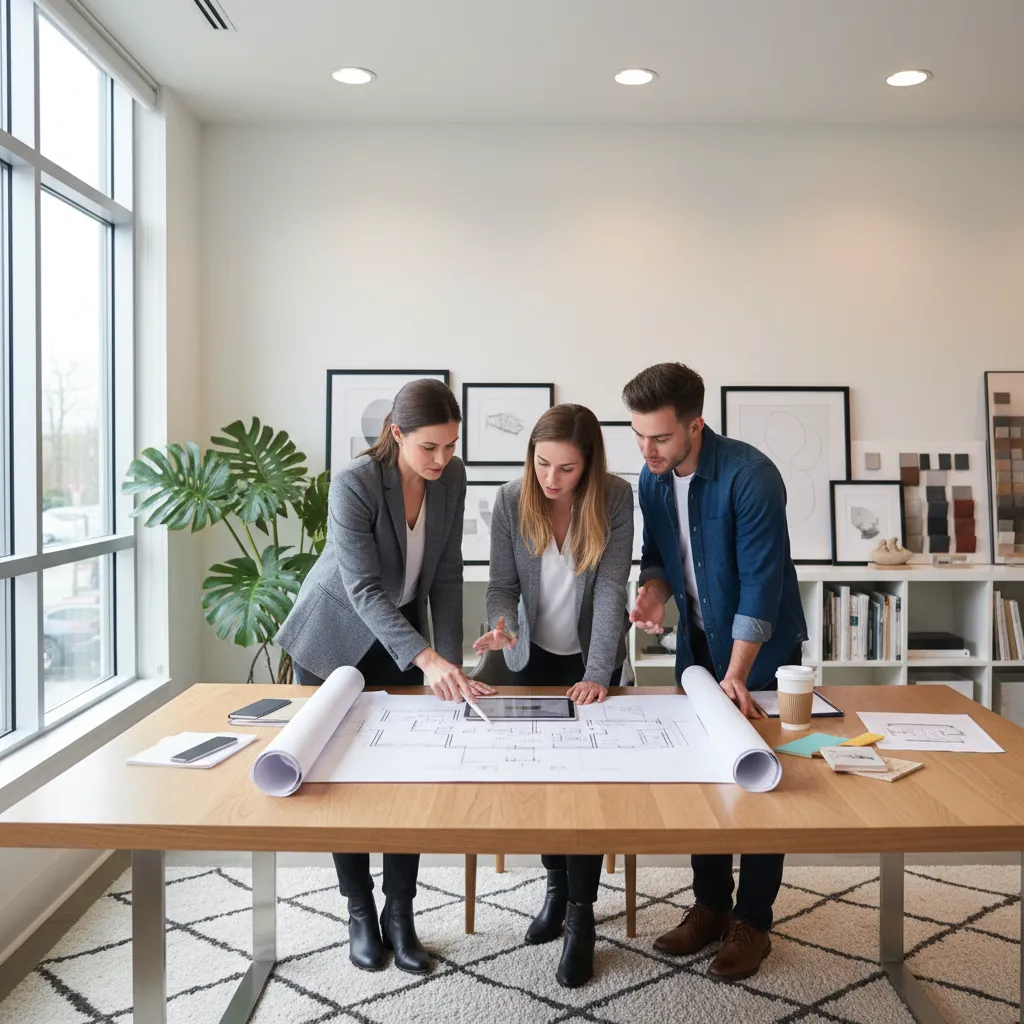 Diseñador analizando necesidades del cliente frente a planos de vivienda