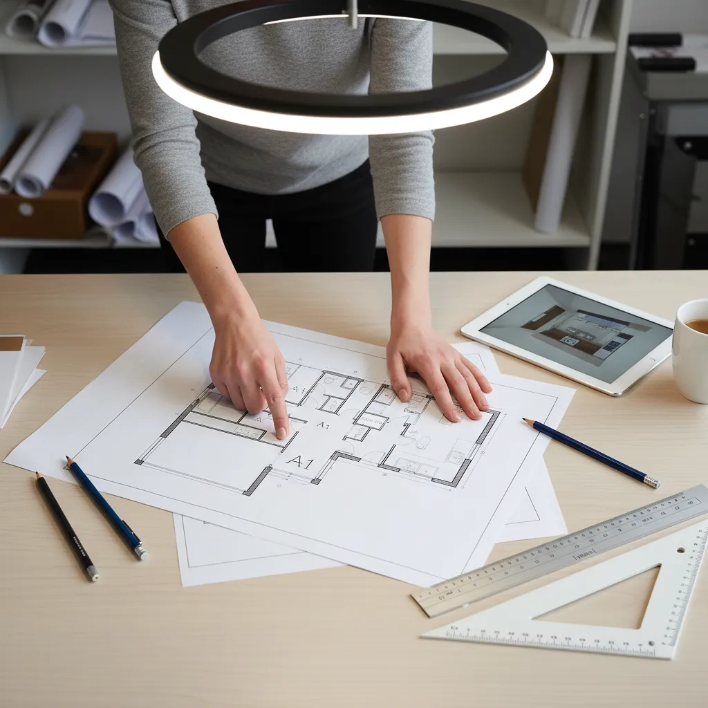 Plano de distribución de apartamento analizado sobre una mesa de trabajo