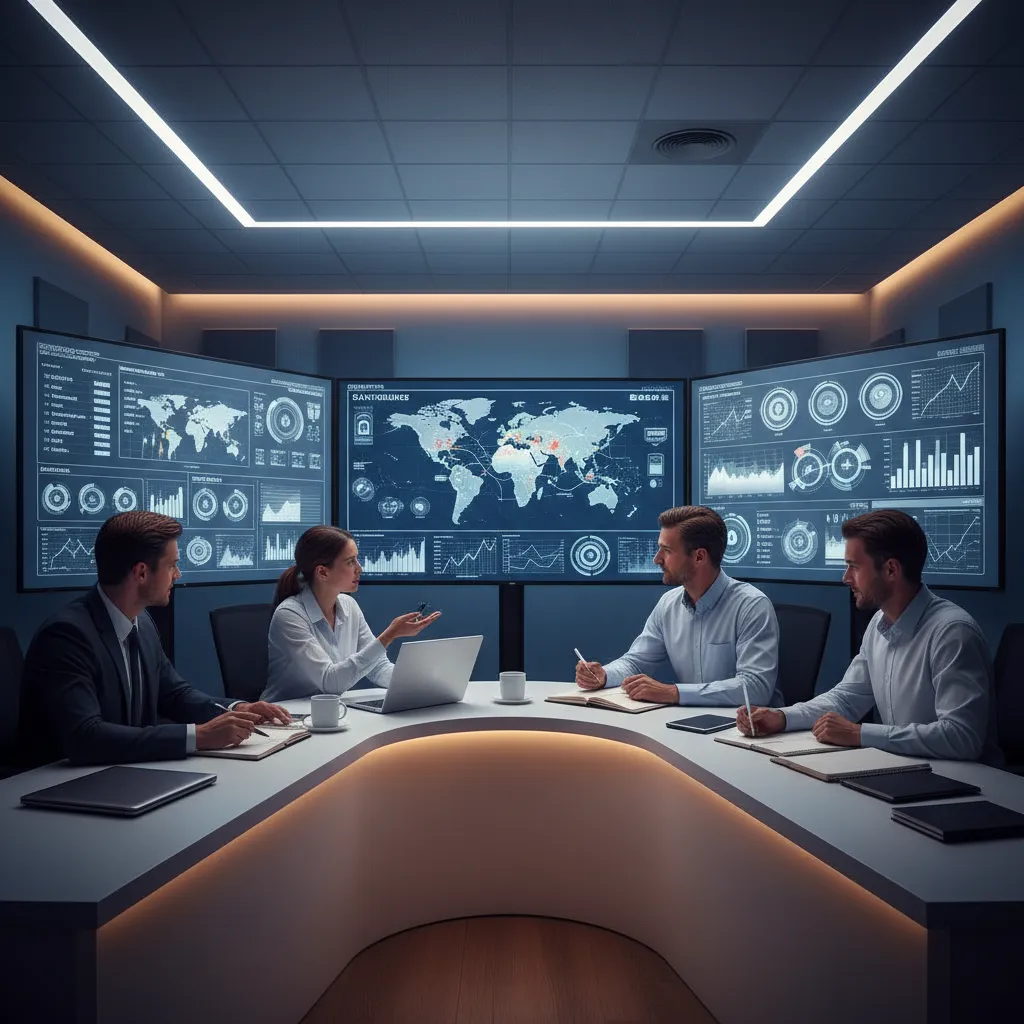 Four people sitting at a white table in a room with large world map screens