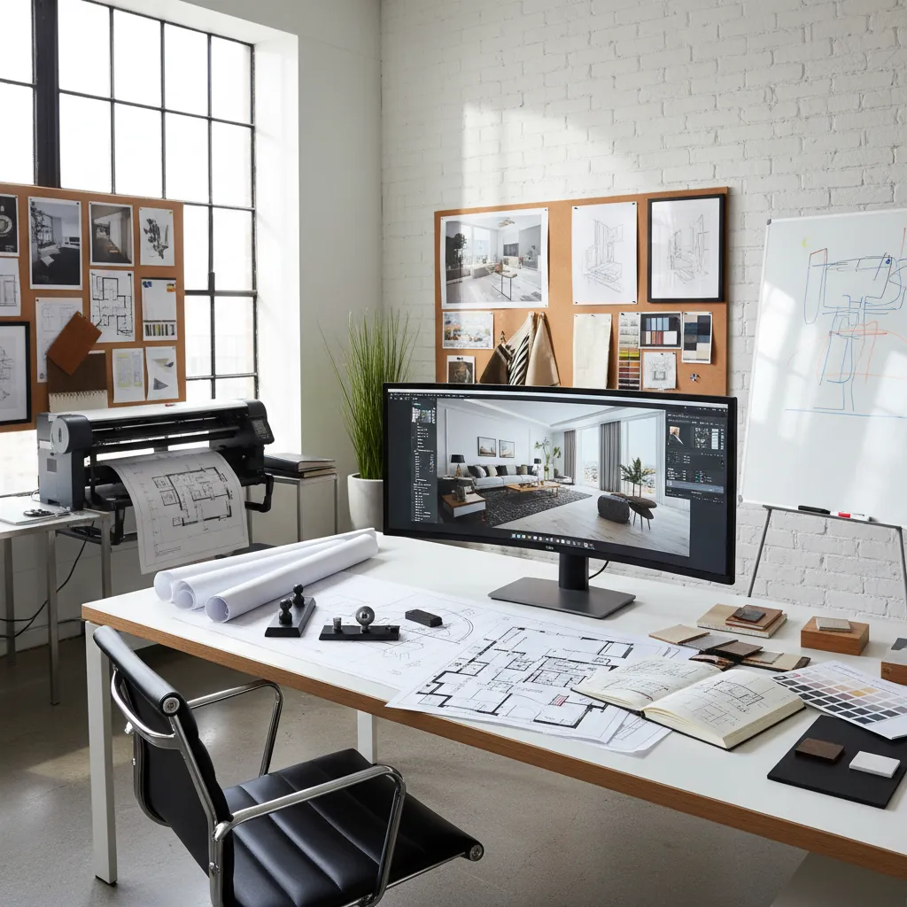 diseñador analizando planos y renders de interior