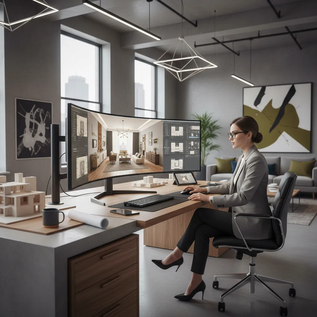 Diseñador analizando un plano de vivienda junto a un modelo 3D en ordenador